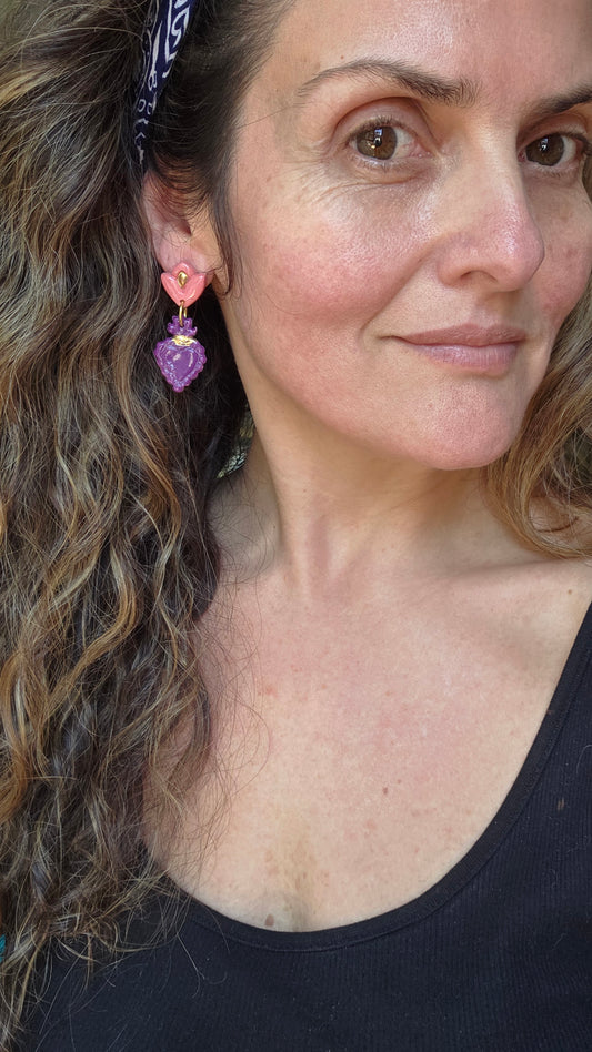 Aros sagrado corazón morado, rosado y oro