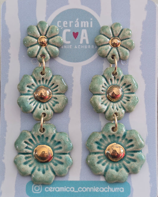 Aros 3 flores cerámica y oro turquesa - julio