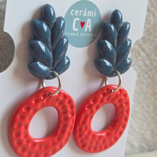 Aros 2 piezas círculos y espiga azul con rojo