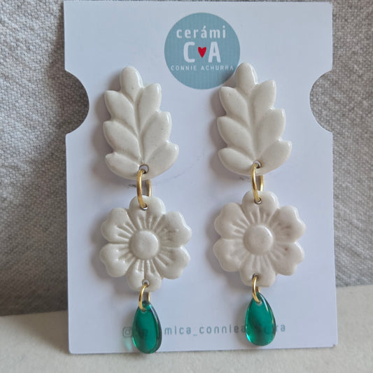 Aros 3 piezas blanco y lagrimita verde