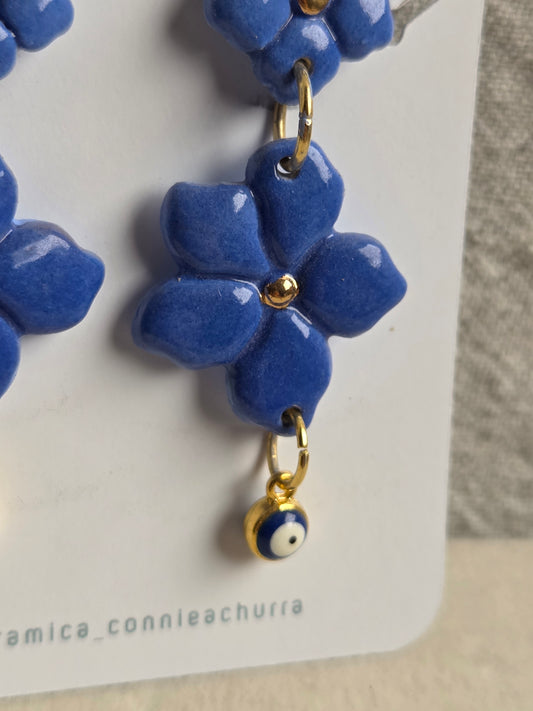 Aros 2 piezas azul/ oro + ojo turco